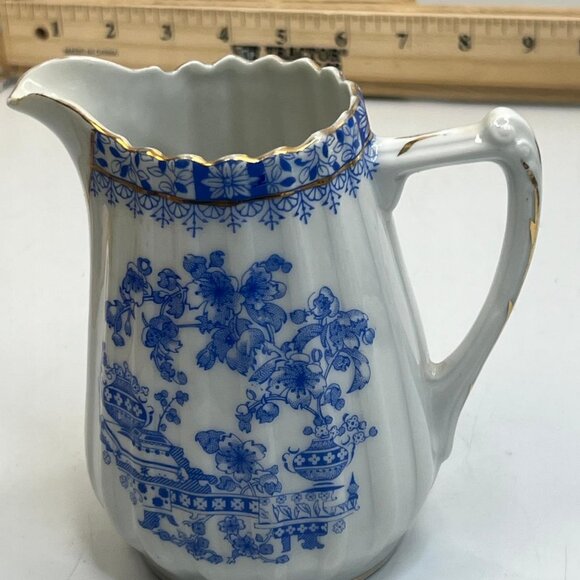 China Blau Rosslau Blue and White Floral Pitcher with Scalloped Edge For Decor - Picture 2 of 5